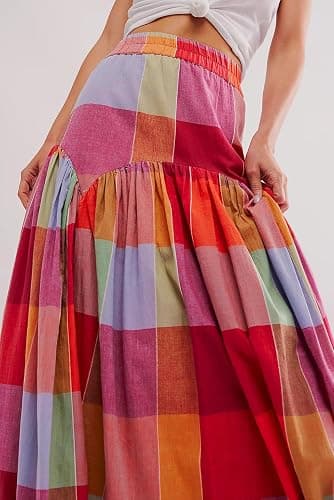 Women's Multicolour Plaid Print Ruched High Waist Casual Maxi Skirt thumbnail 4