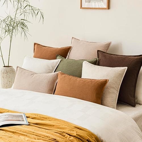 Foindtower Pack of 2, Decorative Linen Soild Throw Pillow Covers Soft Accent Cushion Case Boho Farmhouse Neutral Pillowcase for Couch Sofa Bedroom Living Room Home Decor 18 x 18 Inch Reddish Brown thumbnail 7