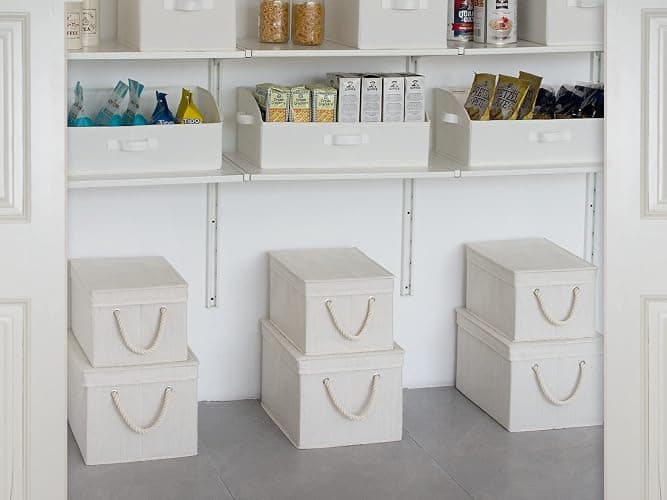 StorageWorks Storage Bins with Lids, Decorative Storage Boxes with Lid and Soft Rope Handles, Foldable Storage Baskets for Closet, Shelves, Stackable, 3-Pack, Ivory and White, Large thumbnail 7
