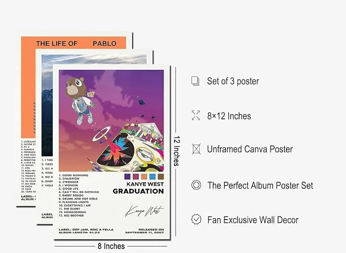 BATWHO 3-Piece Set Kanye West Poster (Graduation，The Life Of Pablo， Ye) Canvas Album Unframed Set - 8x12IN thumbnail 2