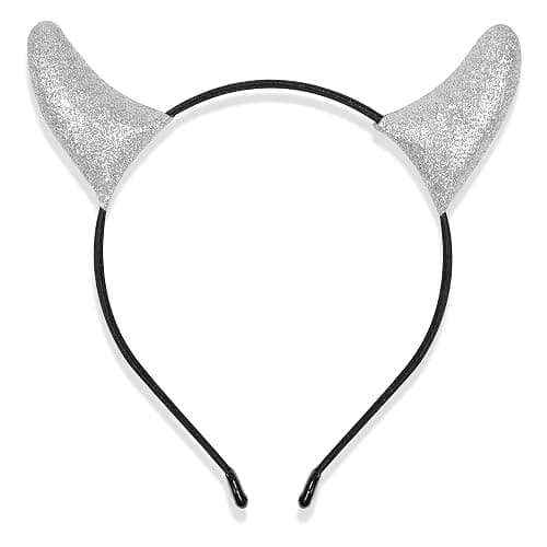 MUKOSEL Glitter Devil Horns Headband, Devil Ears Headband Halloween Cosplay Dress up, Devil Costume Accessories for Women Men(Silver) - Image 1