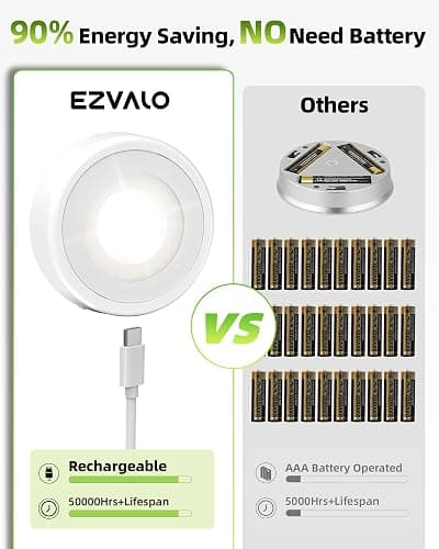 EZVALO LED Puck Lights, Rechargeable Sitck On Tap Lights, Wireless Closet Light, 3 Color Temps, Under Cabinet Lights, 2.5'' Mini Touch Light, Ideal for Kitchen,Closet,Pantry,Shelves,Camper(6 Pack) | Wireless, Rechargeable, Touch Light, Under Cabinet Lights, Stick On, Closet Light, Mini, Kitchen, Pantry, Shelves thumbnail 4