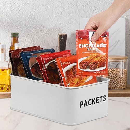 BSTKEY Seasoning Packet Organizer, Food Storage Organizer with Divided 4 Compartments, Metal Storage Caddy for Kitchen Pantry Cabinet, Kitchen Organization Bin for Snacks Spice Packets, White thumbnail 7