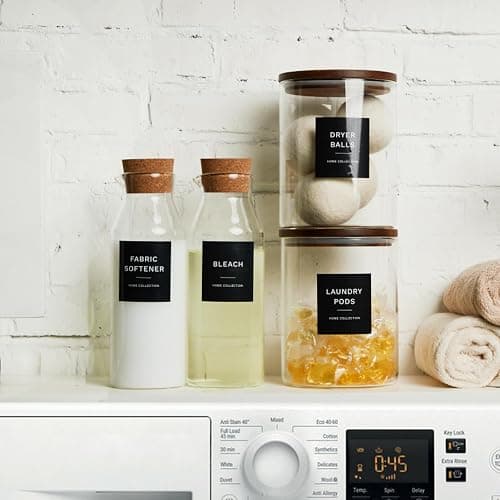 Glass Laundry Storage Containers Set, 4 Pack Liquid Detergent Dispenser with Cork Lid & Laundry Room Organization Jar with Acacia Lid, Fabric Softener Dispenser Bottles and Powder Detergent Organizer thumbnail 2