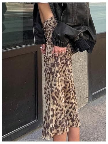BEAUDRM Women's Y2K Leopard Print Skirts Ruched Side Slit Maxi Skirt Mesh Sheer High Waisted Long Skirt Cheetah Bodycon Skirt thumbnail 2