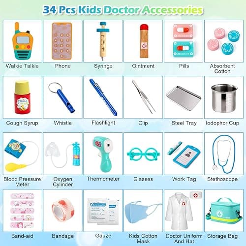 Sundaymot Doctor Kit for Kids, 34 Pcs Pretend Playset for Toddlers, Doctor kit for Toddlers 3-5, with Medical Bag, Stethoscope and Other Accessories, for Boys and Girls Fun Role Playing Game thumbnail 6