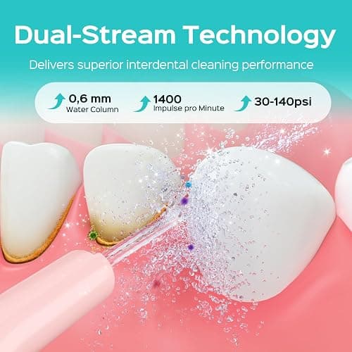 COSLUS Portable Water Flosser for Teeth: 4 Modes & 5 Intensity Levels Professional Electric Dental Pick for Sensitive Gums, Braces & Orthodontic - Cordless for Travel Use, for Adults, BPA-Free, Pink thumbnail 2