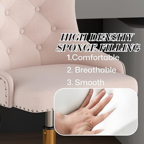 Velvet Armless Home Office Desk Chair, Swivel Height-Adjustable Small Cute Vanity Chair for Women/Girls, Comfy Makeup Chair with Rivet and Gold Base for Living Room, Bedroom(Light Pink) thumbnail 6