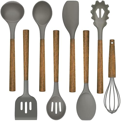 Non-Stick Silicone Kitchen Utensils Set with Natural Acacia Hard Wood Handle, Umite Chef 8 Pieces Kitchen Spatulas set, White, BPA Free, Baking, Serving and Cooking Utensils - White thumbnail 2