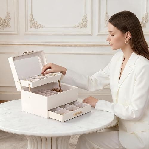Lolalet Jewelry Box, Clear Window Jewelry Organizer with Drawer for Earrings Bracelets Necklaces Rings, Jewelry Storage for Women -White, 3 Layers thumbnail 2