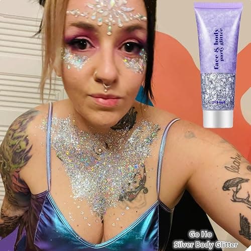 Go Ho Silver Face Body Glitter Gel,Singer Concerts Silver Face Paint Makeup,Holographic Chunky Glitters for Hair/Lip/Nails on Party Halloween Makeup,Festival Rave Accessories,52g thumbnail 2