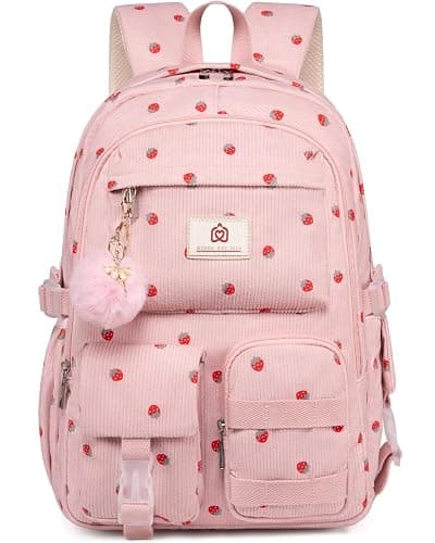 Hidds School Backpack for Teens Girls Women 15.6 Inch Laptop College Backpacks Corduroy Work Bag Kids Elementary Middle High Campus Bookbag Students Anti Theft Travel Daypack Womens - Pink Strawberry thumbnail 2
