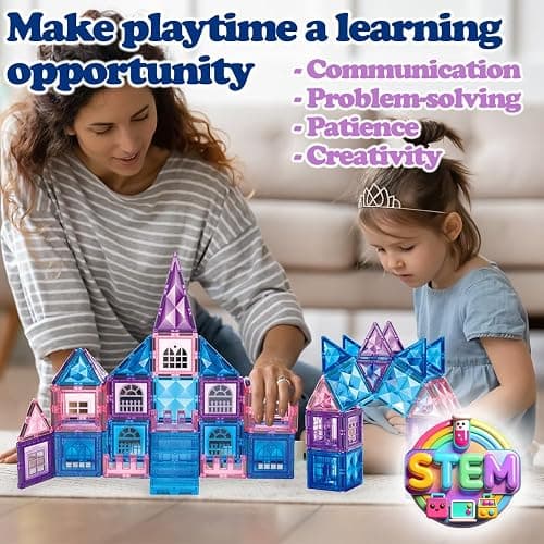 Little Pi 102pcs Frozen Princess Castle Magnetic Tiles Building Blocks - 3D Diamond Blocks, STEM Educational Toddler Toys for Pretend Play, 4 Year Old Girl Birthday Gifts Kids Ages 3 5 6 7 8 - Blue thumbnail 5