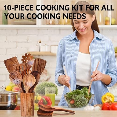 Wooden Spoons for Cooking 10 Pieces Set, Kitchen Utensils Spatula, Wooden Cooking Utensils Spoons, with Spoon Rest, Strainer Spoon, Pasta server, Fried Spatula and Salad Fork, Utensil Holder thumbnail 2