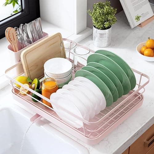 Kitsure Dish Drying Rack for Kitchen Counter, Stainless Steel Sink Organization and Storage Essentials with Cutlery Holder, Home and Appartment Decor, 12''W x 15.5''L, Pink - Image 1