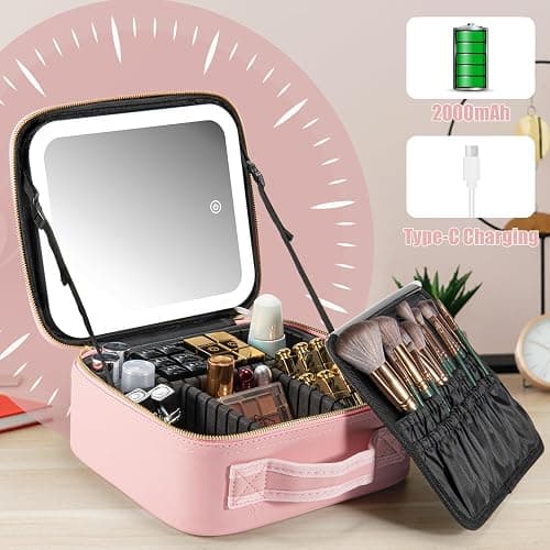Extrei Gent Makeup Travel Train Case with Mirror LED Light 3 Adjustable Brightness Large Cosmetic Bag Portable Storage Adjustable Partition Waterproof Makeup Brushes Make up Jewelry Gift for Women thumbnail 2