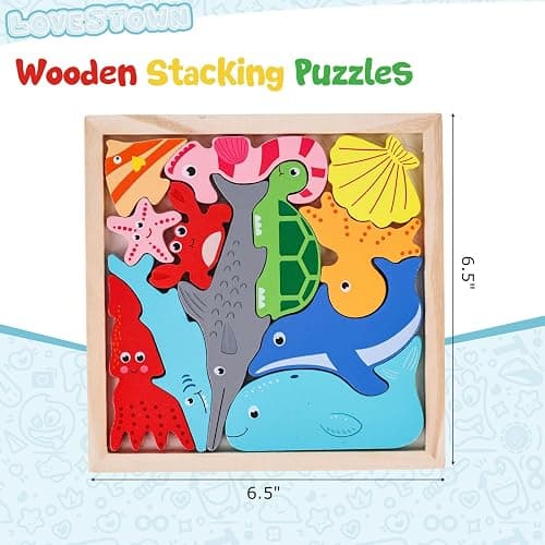 LovesTown Wooden Stacking Puzzle, 12PCS, Sea Animal | for Toddler, Preschool Learning, Montessori Toy, Develops Balance, Focus & Fine Motor Skills, Screenless Play thumbnail 3