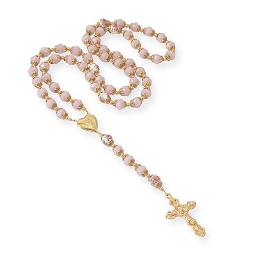 Nazareth Store Catholic Blue Crystal Beads Gold Rosary Flowers Beaded Necklace Miraculous Heart Locket Medal & Cross Religious Women Men Amulet thumbnail 3