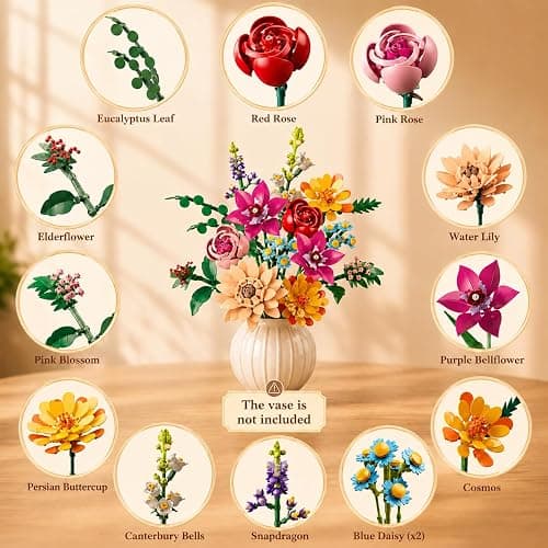 zinat Flowers Bouquet Building Set, 887Pcs DIY Romantic Floral Building Toys, Home Office Decor Gifts for Mother's Day, Valentine Day, Birthday, Christmas Day thumbnail 4