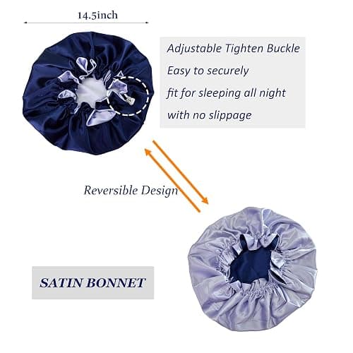 Beutyme Silk Bonnet for Sleeping Satin Bonnets Double Layer Reversible Hair Cap Bonnet for Women Long Curly Braid Hair (Navy) thumbnail 2