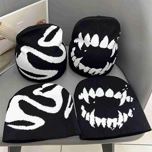 Winatehr Black Graphic Beanie for Men Women, Streetwear y2k Knitted Hat, Slouchy Goth Skull Cap (2 pcs) thumbnail 6