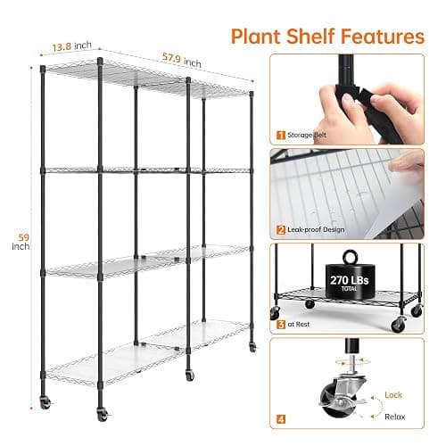 Bstrip Plant Shelf with Grow Lights, 4-Tier Large Grow Light Shelf with Wheels, 12-Pack 288W T8 Full Spectrum Grow Lights for Seed Starting,Seedling(57.4" L x 13.8" W x 59" H) thumbnail 7