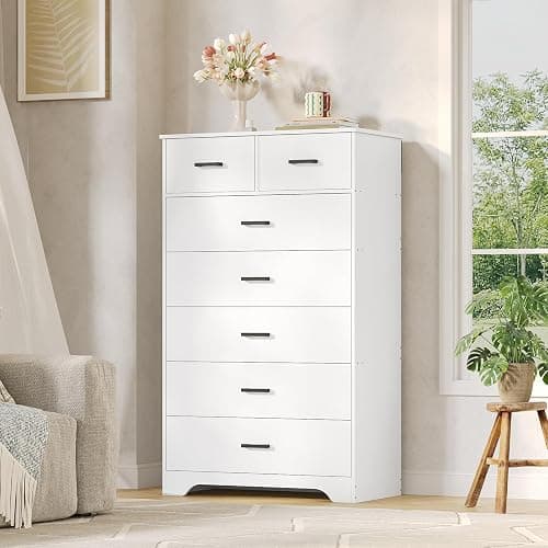 DICTAC White Dresser for Bedroom with 7 Drawers, 55.7" Tall Dressers Chest of Drawers, Modern Large Wood Storage Dresser Organizer with Metal Handle, Vertical Dressers for Bedroom Living Room Nursery thumbnail 6