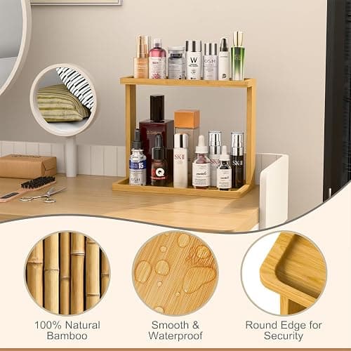 PEKER Bamboo Bathroom Organizer Countertop – Small Vanity Storage Shelf for Makeup, Perfume, Skincare – Natural Cosmetics Display Rack for Dresser, Sink, Kitchen – Natural thumbnail 6