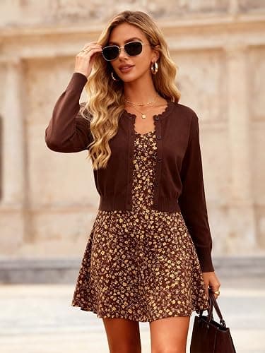 Lyrur Women's Scalloped Crewneck Cropped Cardigan Sweaters Long Sleeve Button Down Knit Bolero Shrug thumbnail 4