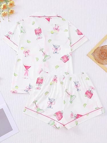 FUVYKOL Women's 2 Piece Wine Print Pajama Sets Sleepwear Short Sleeve Wineglass Nightwear Soft Pjs Lounge Sets thumbnail 2