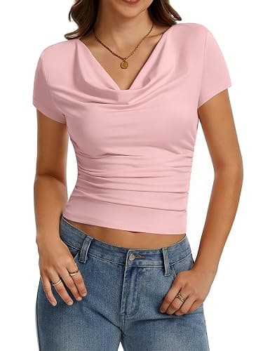 Women's Cowl Neck Tops Short Sleeve Slim Fit Ruched T-Shirts Summer Casual Dressy Business Blouses Going Out Top thumbnail 2