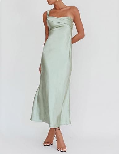 2026 Satin One Shoulder Maxi Dress for Women Summer Silk Formal Elegant Backless Ruffle Sleeveless Wedding Guest Dresses thumbnail 3