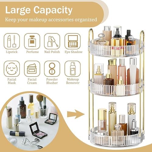 MOKANI 360 Rotating Makeup Organiser, 3 Tiers Spinning Skincare Organiser, Multi-Function Make Up Storage, Large Capacity Cosmetic Perfume Stand for Vanity, Bathroom and Bedroom thumbnail 5
