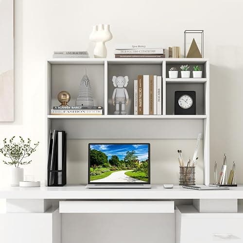 Giantex Desktop Bookshelf, Countertop Storage Hutch with 4 Shelves for Computer Desk, Dressing Tabletop Display Rack, Multipurpose Desk Hutch Storage Organizer for Home Office Dorm, White thumbnail 8