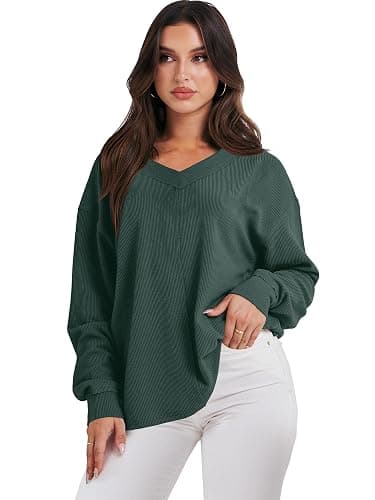 ANRABESS Oversized Long Sleeve Shirts for Women Off the Shoulder Sweatshirt Loose V Neck Tunic Tops High Low Sweater 2025 thumbnail 7