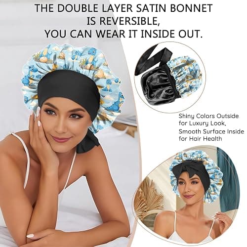 Deokke Satin Hair Braid Bonnet for Sleeping Double Layer Elastic Wide Soft Tie Band Hair Silk Lined Sleep Cap Women Girls thumbnail 6
