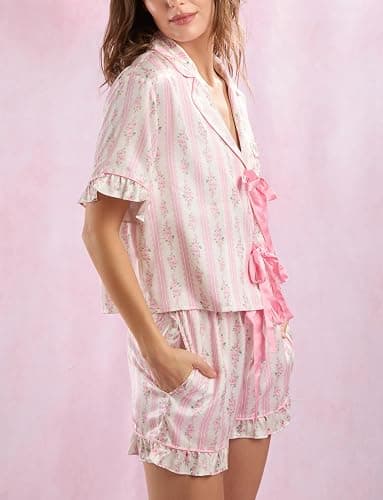 Yiulangde Women Cute Bow Tie Front Pajamas Y2k Printed Pjs 2 Piece Outfits Short Sleeve Pj Shirt and Lounge Boxer Shorts Sets thumbnail 4