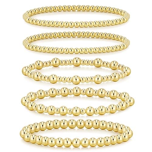 adoyi Gold Bracelets for Women Waterproof, 14K Gold Plated Beaded Strand Bead Ball Bracelets stack Adjustable Jewelry Set for Gifts