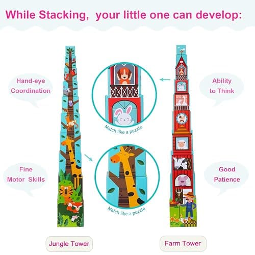 Beeqoo Animal Sorting and Stacking Blocks - Educational ABC & Numbers Toy for Babies and Toddlers - Montessori Learning Tower - 10 Nesting Cubes Building Set - Novelty Gift for Boys & Girls thumbnail 4