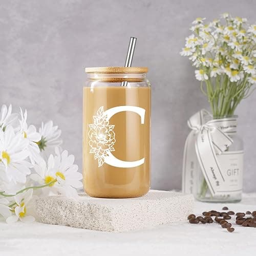 Coolife Initial Glass Cup, Monogrammed Gifts for Women, 16 oz Glass Cups w/Lids Straws, Iced Coffee Smoothie Beer Tumbler w/Straw Lid, Personalized Valentines, Birthday Gifts for Her Mom Friend Woman thumbnail 5