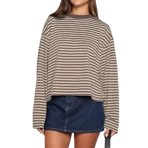 JINZIYINZI Women Striped Long Sleeve Baggy T Shirts Y2k Vintage Stripes | Oversized Boxy Tees Cropped Tops Stripped Sweatshirt Fall Preppy Teen Girl Clothes - Image 1