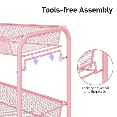 TOOLF 3 Tier Rolling Cart, Metal Utility Storage Cart with Wheels, Pink | 3 Hooks, Screwless Assembly, Trolley Organizer for Bathroom, Kitchen, Office, Nursery, Dorm, Laundry Room thumbnail 5