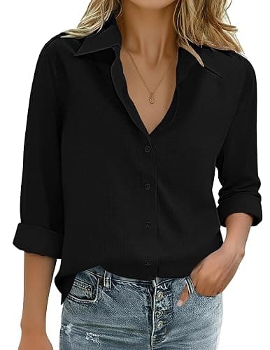Zeagoo Womens Cotton Linen Button Down Shirts Loose Fit Long Sleeve Collared Blouse Casual V Neck Tops Outfits S-3XL - Image 1
