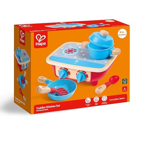 Hape Toddler Kitchen Set | Wooden 6 Piece Cooking Set, Pretend Kitchen Playset with Toy Stove, Frying Pan, Spoon, Spatula thumbnail 4