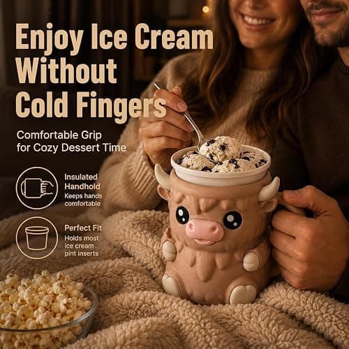 Highland Cow Ice Cream Pint Holder with 2 Spoons, 16 oz, Light Brown | Fits 16 oz ice cream pints with a built-in lid rest, topping drawer, and 2 spoons thumbnail 5