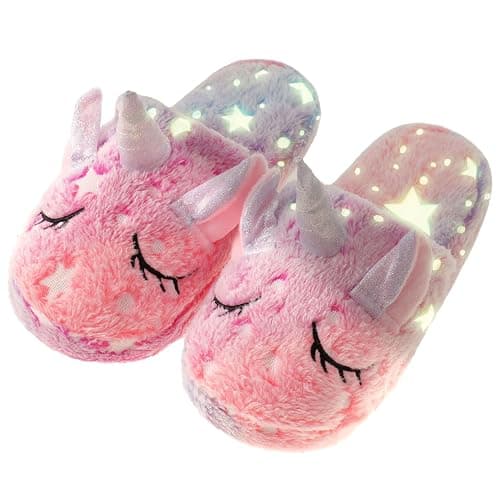 HIBCIGA Kids Fuzzy Slippers for Girls Boys Unicorn Glow in the Dark Plush Fleece Warm Indoor Shoes - Image 1