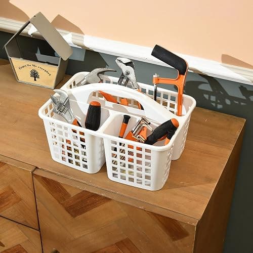 ALINK Plastic Shower Caddy Basket with Compartments, Portable Divided Cleaning Supply Storage Organizer with Handle for College Dorm Bathroom - White thumbnail 5