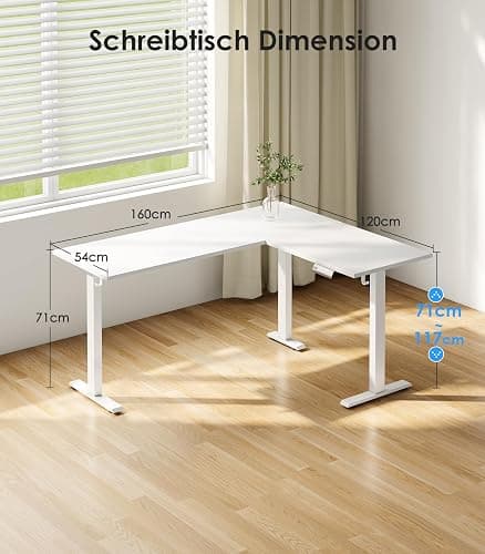OffiGo L-förmig Höhenverstellbarer Schreibtisch, 160 x 120 cm Schreibtisch Höhenverstellbar Elektrisch, Eckschreibtisch Ergonomischer Steh-Sitz Tisch Computertisch, Weiß thumbnail 2