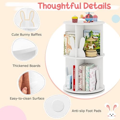 HONEY JOY Kids Rotating Bookshelf, Wooden Spinning Small Corner Organizer w/Baffles, 360°Display Standing Toddler Bookshelf, Narrow Storage Rack, Montessori Book Shelf for Nursery, Playroom (White) thumbnail 7