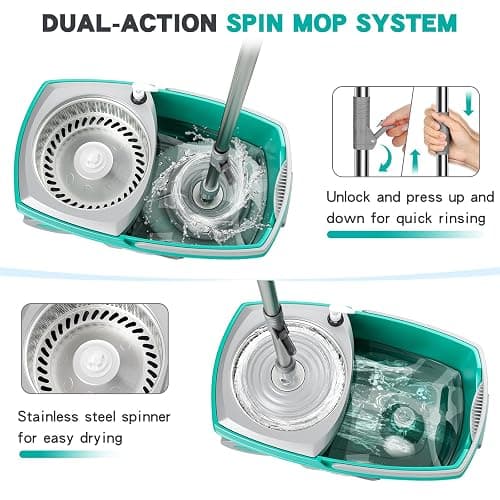 Sarkunpio Mop and Bucket Set with Wringer, Spin Mop Floor Cleaning System with 6 Replacement Microfiber Heads & 61" Extra-Long Handle for Home Floor, Blue thumbnail 4